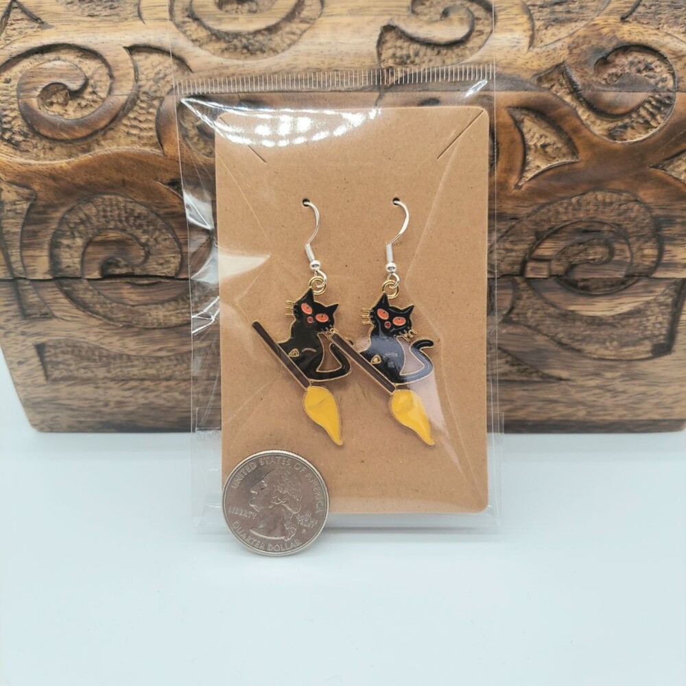 Black Cat Earrings on Broomstick Halloween Earrings - Picture 2 of 2